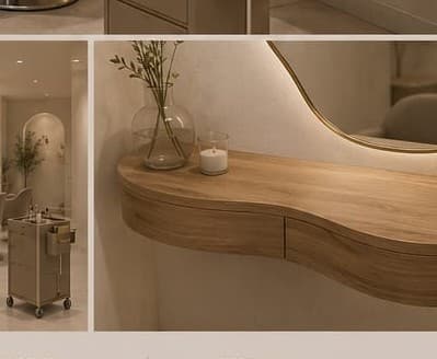 Curved illuminated mirror and natural wood styling surface
