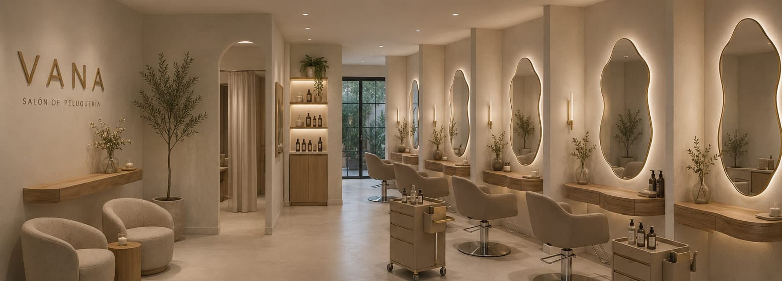 Warm VANA salon interior with organic mirrors, natural wood styling stations, and soft lighting
