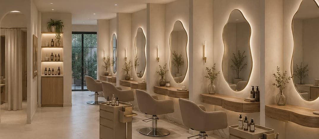 Individual salon stations with softly lit organic mirrors and natural wood